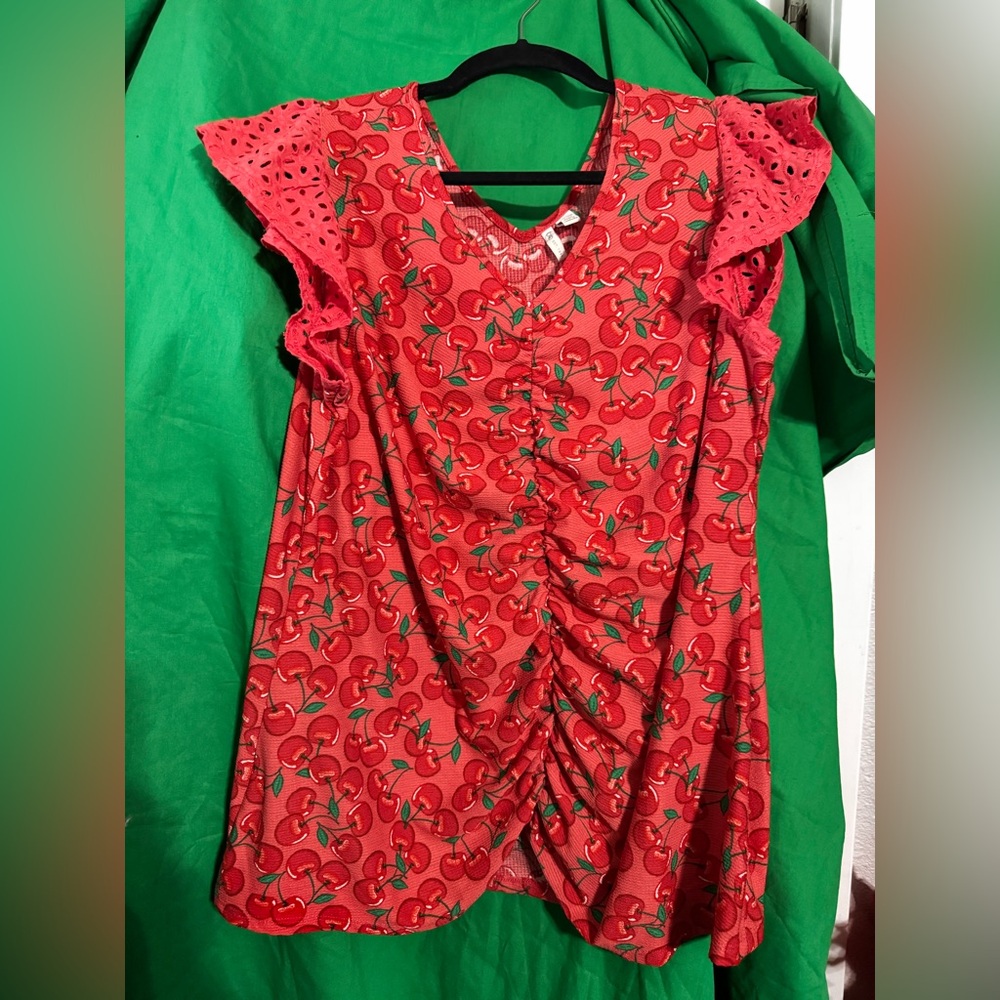 Cato Red Blouse with Flutter Cap Sleeves and Ruched Details
